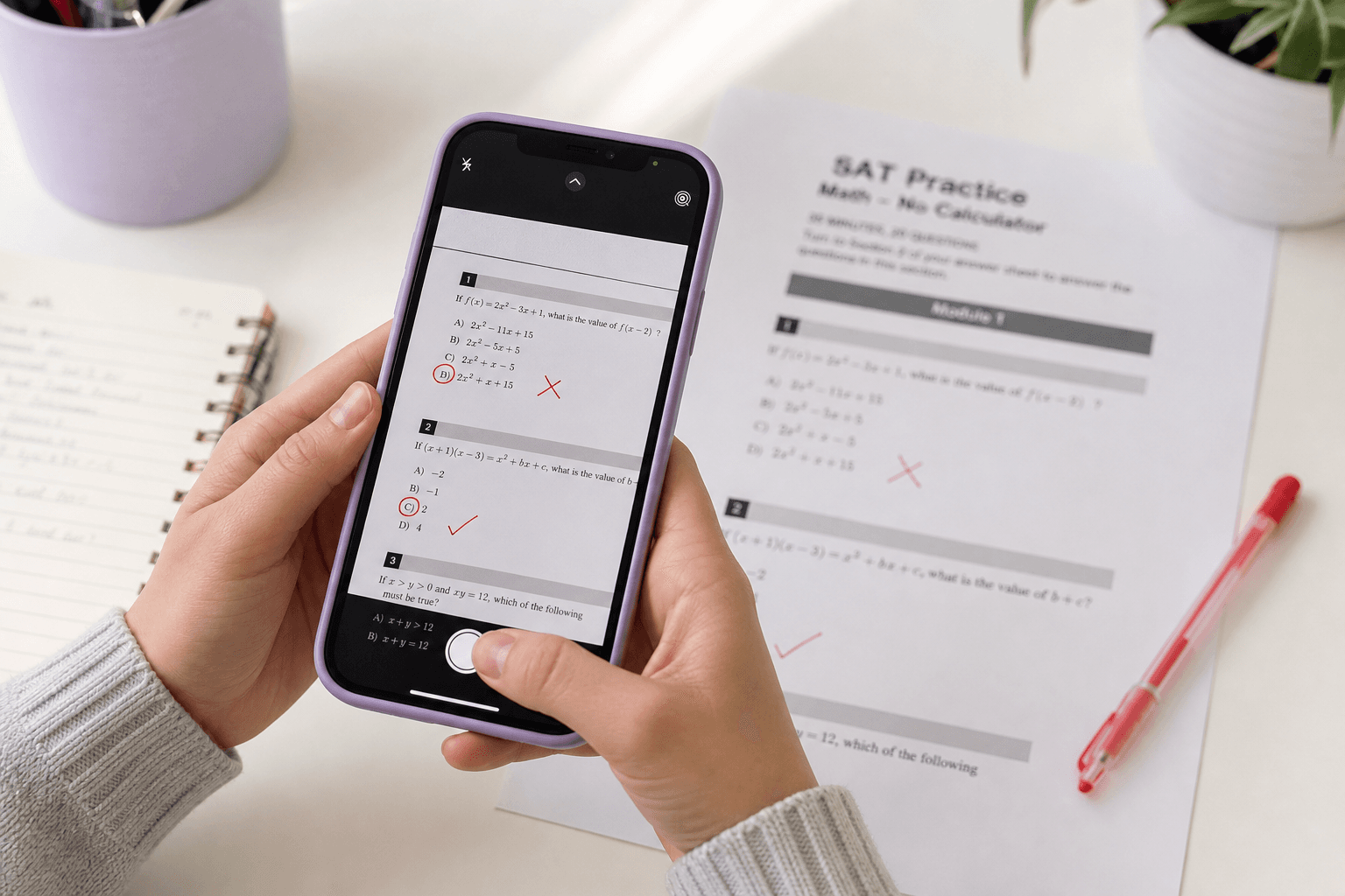 Phone capturing a marked practice worksheet on a study desk