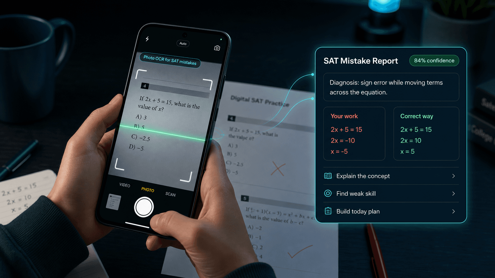 Photo OCR flow showing a SAT practice question scanned by phone and converted into a mistake report